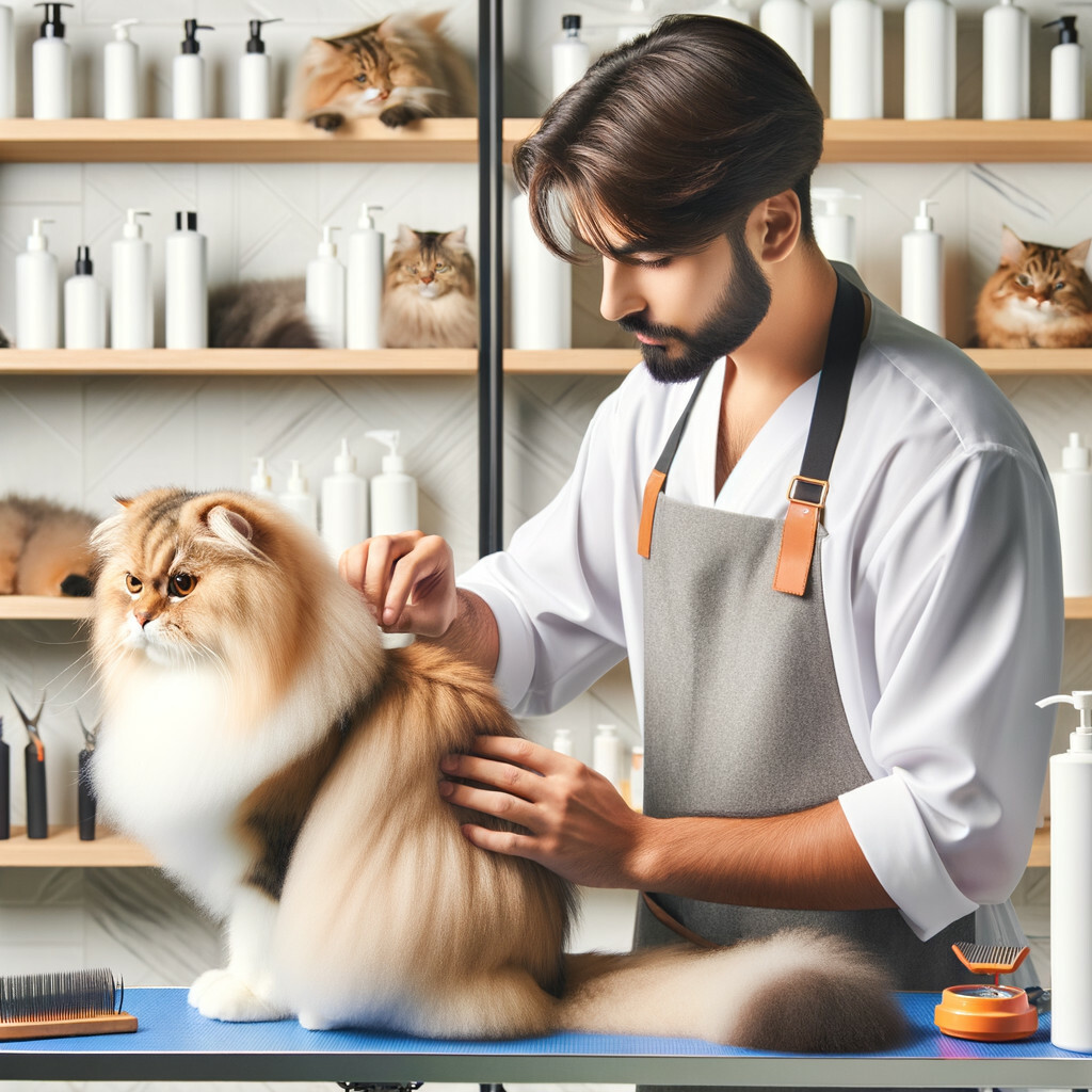 Professional cat groomer demonstrating grooming techniques on various long-haired cat breeds using premium cat grooming products, providing essential cat maintenance tips and emphasizing on cat hair care for long-haired cat health.