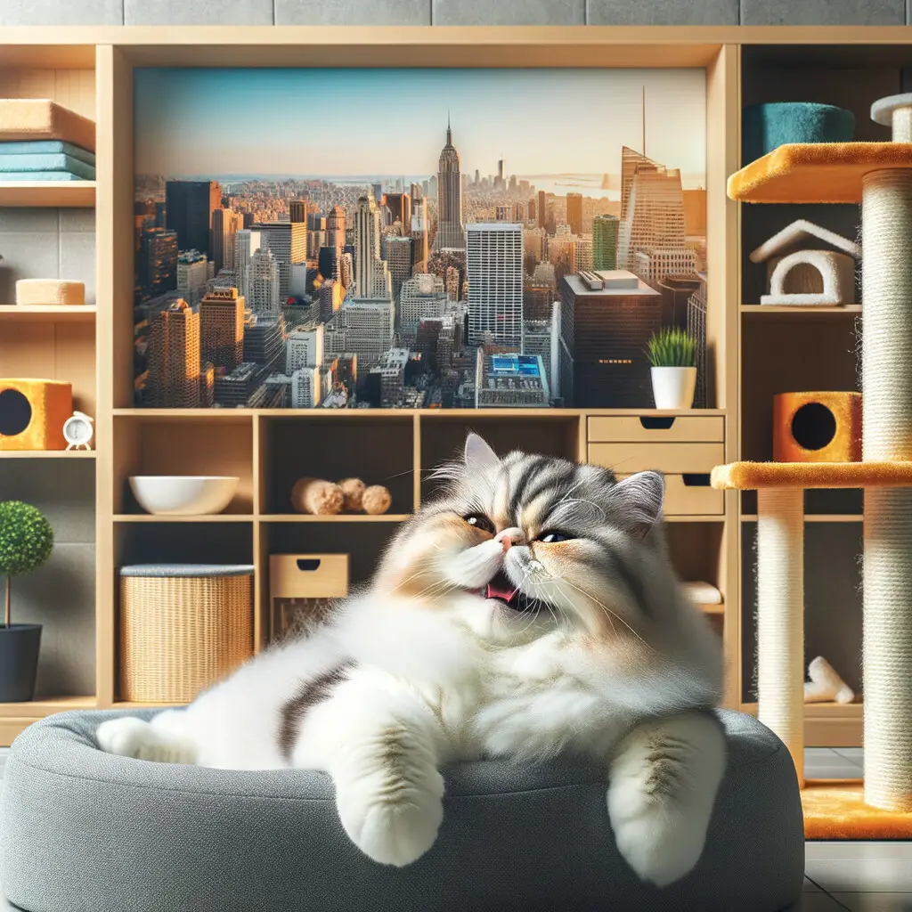 Persian cat enjoying city living in a small apartment, showcasing indoor cat care and happiness with various small space cat solutions like toys and beds, perfect for urban cat owners.