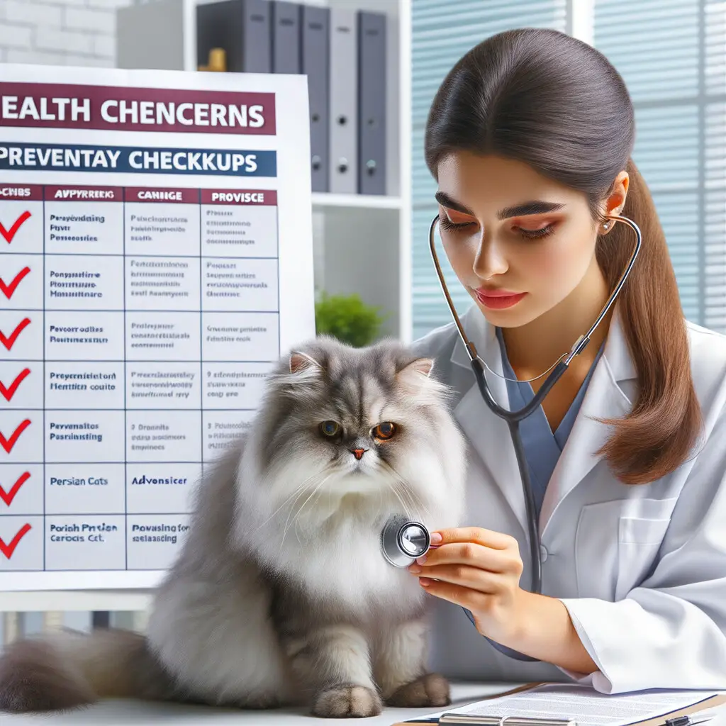 Veterinarian performing a Persian cat health check during a regular vet visit, emphasizing the importance of cat health checkups and preventative care for maintaining Persian cat health, with a background checklist of common Persian cat health issues and a calendar for recommended health screening frequency.